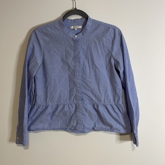 Classic Career Shirt Preppy Madewell Academia Small Blue Ruffle Button Casual - Picture 1 of 10